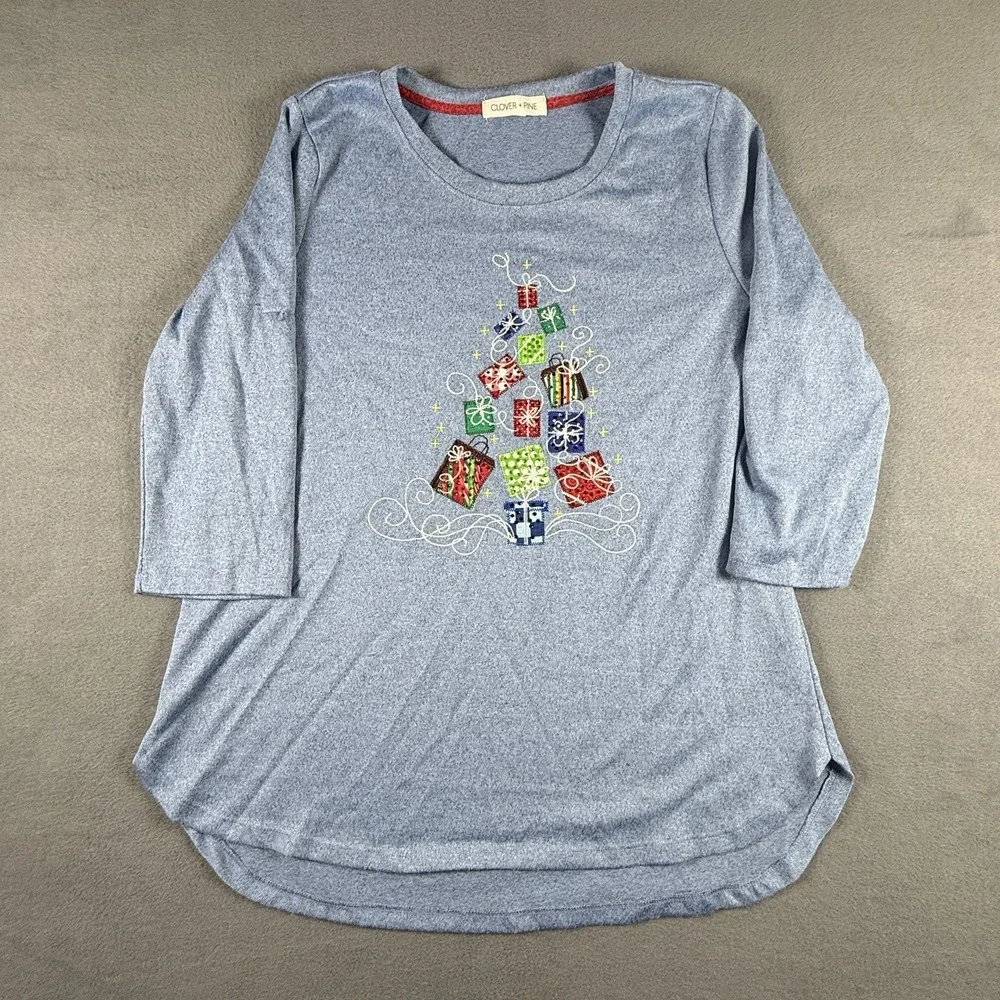 Clover & Pine‎ Size Medium Tunic Top Pullover Christmas Presents Tree Blue